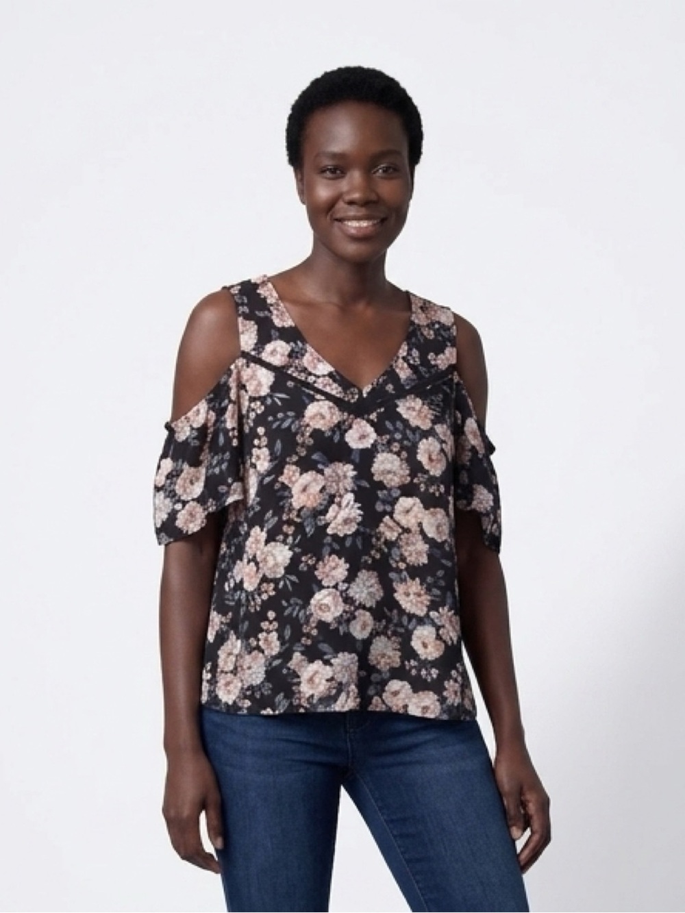 torrid Black Cold-Shoulder V-Neck Blouse with Pink Floral Print